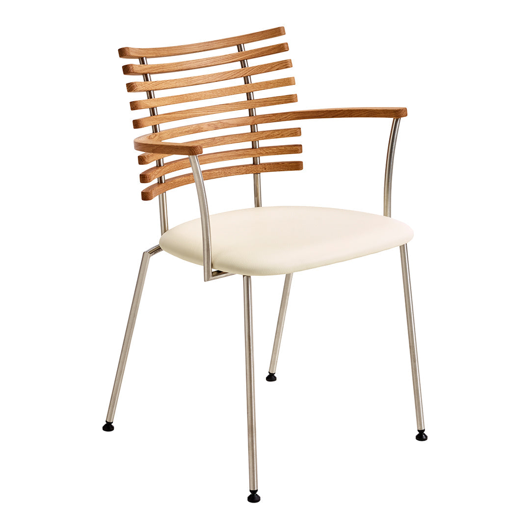 Stylish chair featuring a light wood slatted backrest, cream upholstered seat, and sleek silver metal legs.