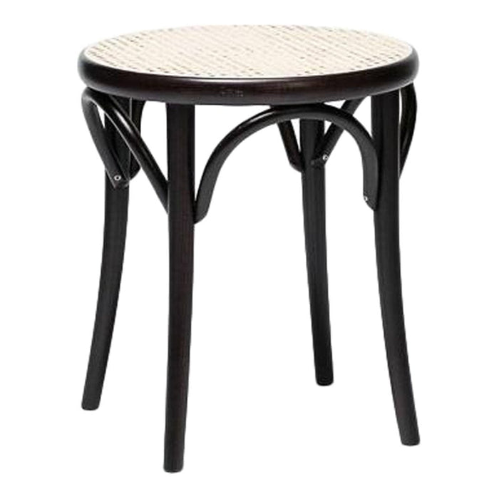 "Dark wood side table with a woven rattan top, featuring a light beige pattern."