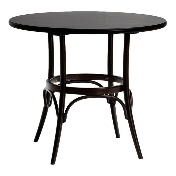 Round black table with a smooth surface and elegant curved metal legs in a deep brown finish.