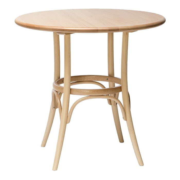 Light natural wood round table with a smooth finish and curved legs, showcasing minimalistic design and elegant simplicity.