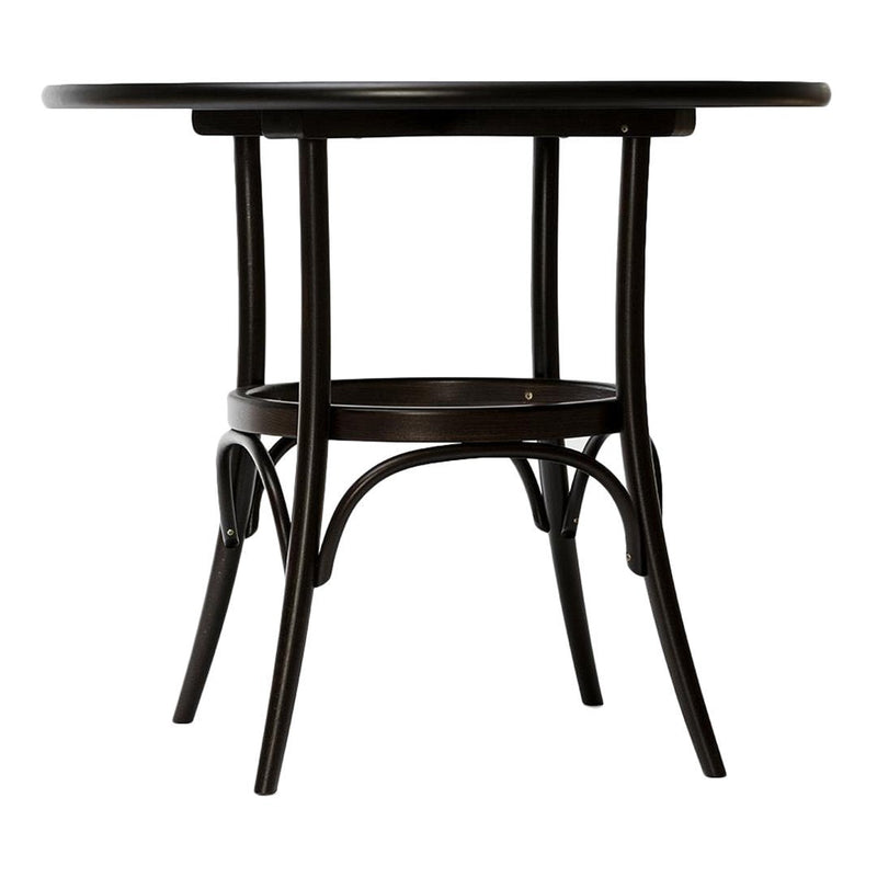 Black round cafe table with a smooth finish and sleek bentwood legs, featuring a minimalist design.
