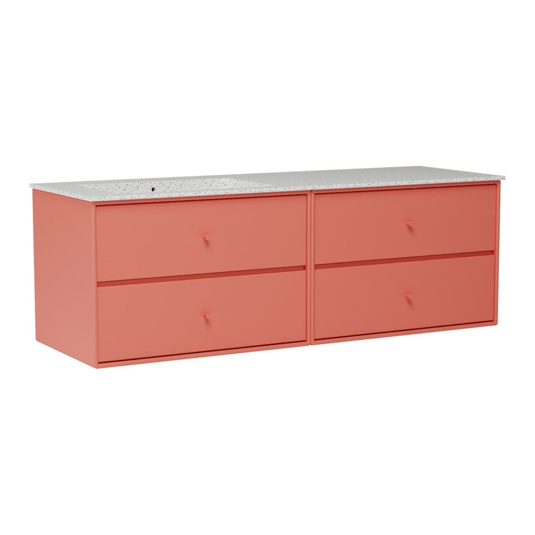Coral storage dresser with four drawers and a light gray top, featuring a sleek, modern design. Perfect for any room.