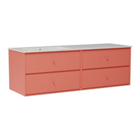 Coral storage dresser with four drawers and a light gray top, featuring a sleek, modern design. Perfect for any room.