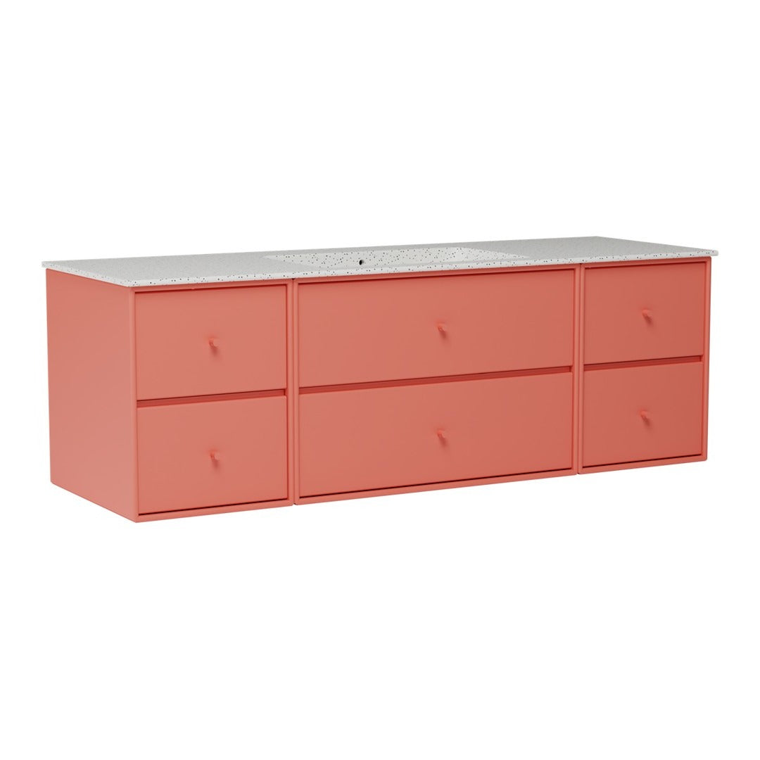 Coral-colored storage cabinet with six drawers and a contrasting light gray top. Sleek and modern design.