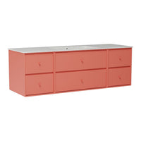 Coral-colored storage cabinet with six drawers and a contrasting light gray top. Sleek and modern design.