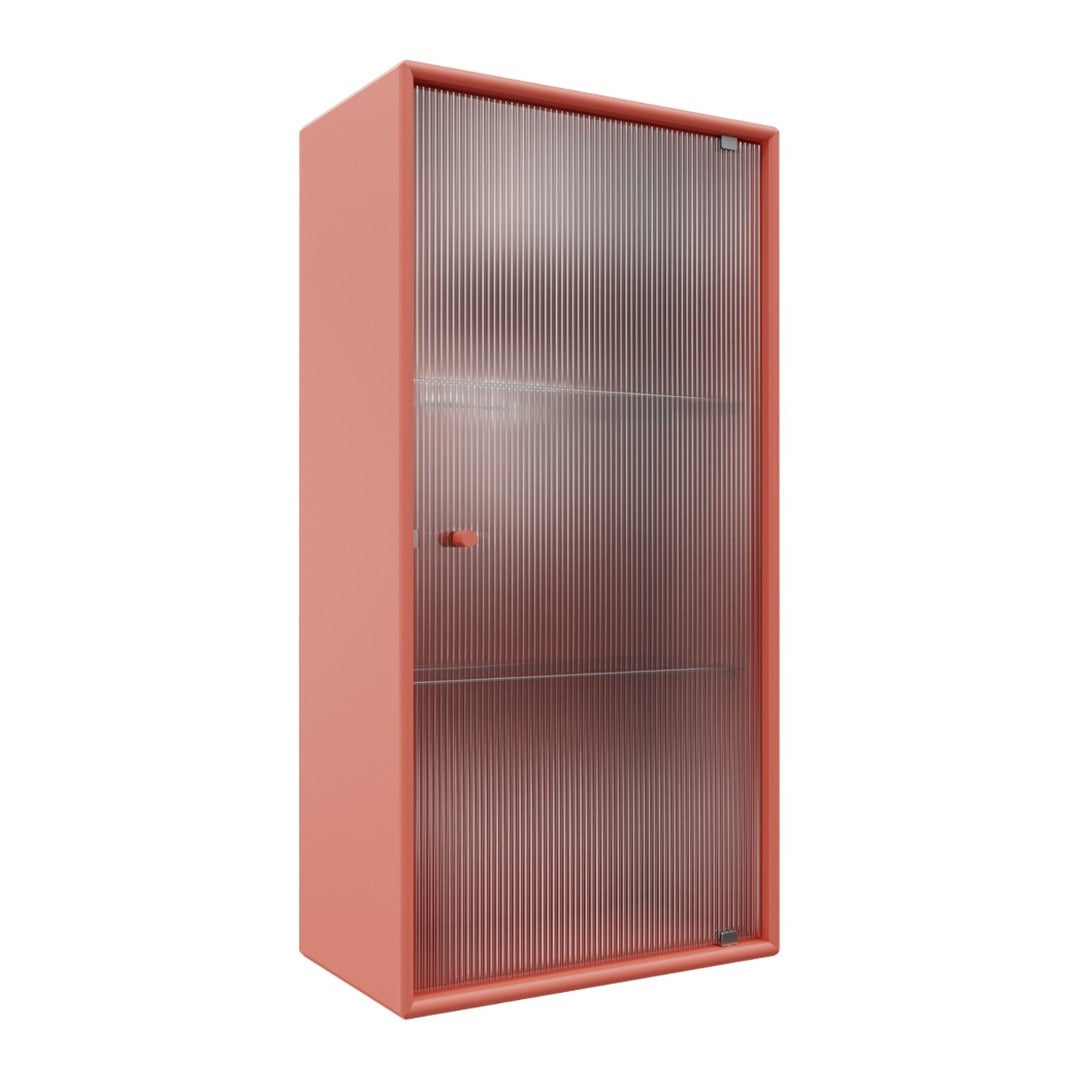Coral cabinet with a textured glass door and clear, vertical lines, perfect for modern decor.