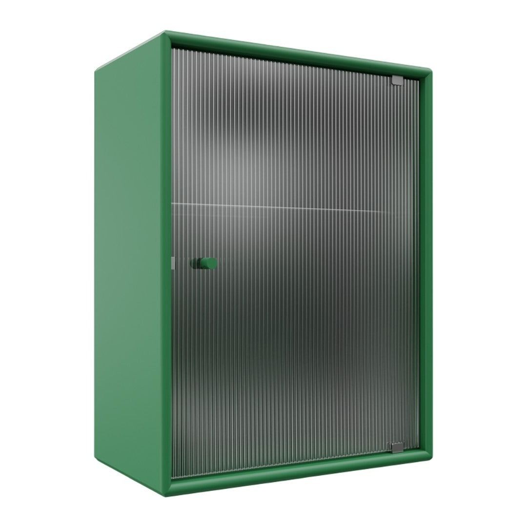 Green metal cabinet with ribbed silver doors and a sleek design, ideal for modern storage solutions.