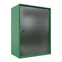 Green metal cabinet with ribbed silver doors and a sleek design, ideal for modern storage solutions.