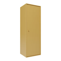 Sleek, solid mustard yellow storage cabinet with a minimalist design and smooth surface.