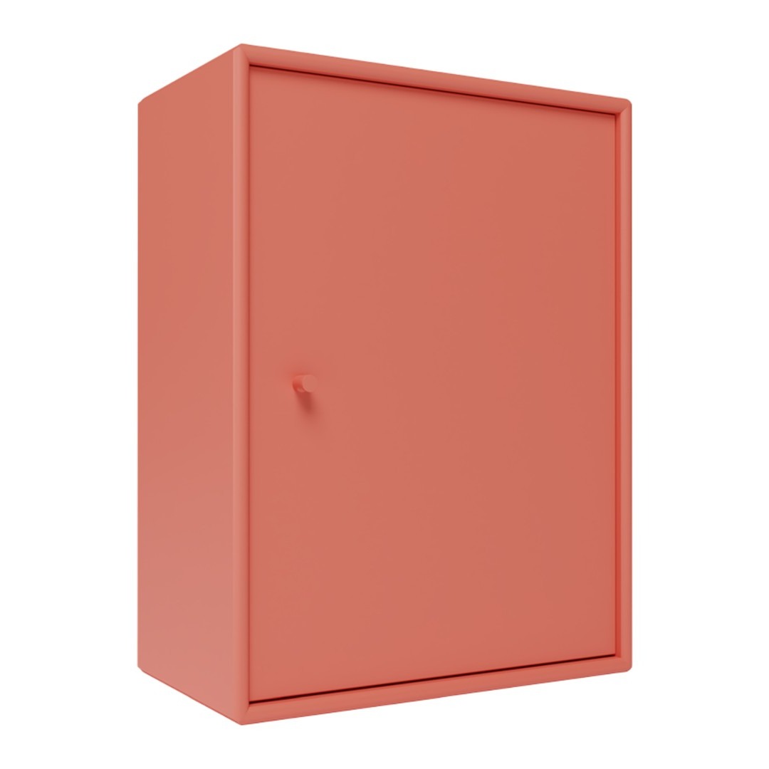 Coral-colored storage cabinet with a sleek, minimalist design and smooth, solid surface. Perfect for modern decor.