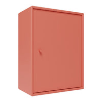 Coral-colored storage cabinet with a sleek, minimalist design and smooth, solid surface. Perfect for modern decor.