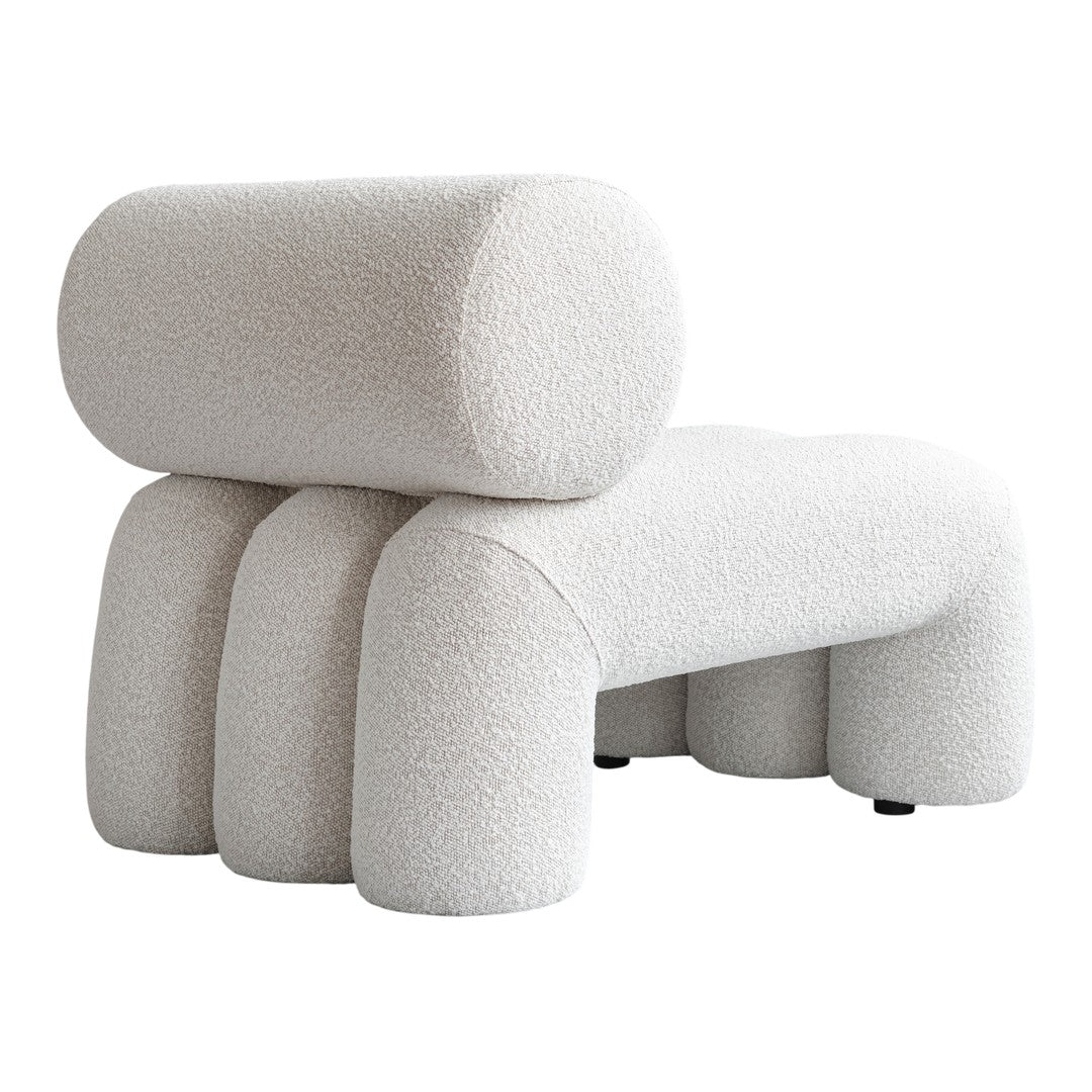 Textured light gray upholstered sofa with round shapes and a minimalist design, perfect for modern decor.