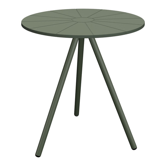 Green round table with a geometric pattern and three tapered legs. Ideal for modern outdoor or indoor decor.