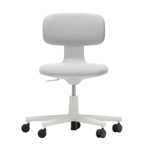Modern white office chair with a smooth, minimalist design and soft gray upholstery. Suitable for any workspace.
