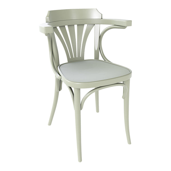Light gray armchair with a minimalist design and elegant slatted backrest, featuring a cushioned seat.