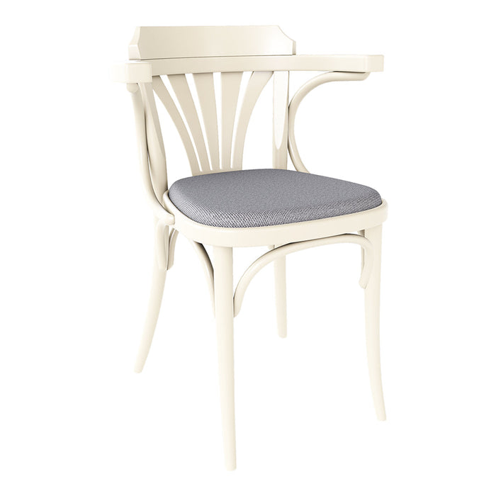 White wooden chair with a curved backrest and a gray upholstered seat, showcasing a sleek and modern design.