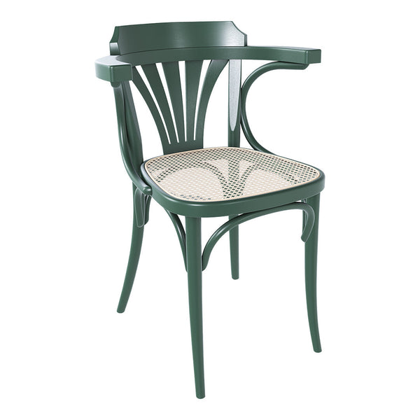 Green wooden chair with a cane seat, featuring a classic curved design and intricate backrest patterns.