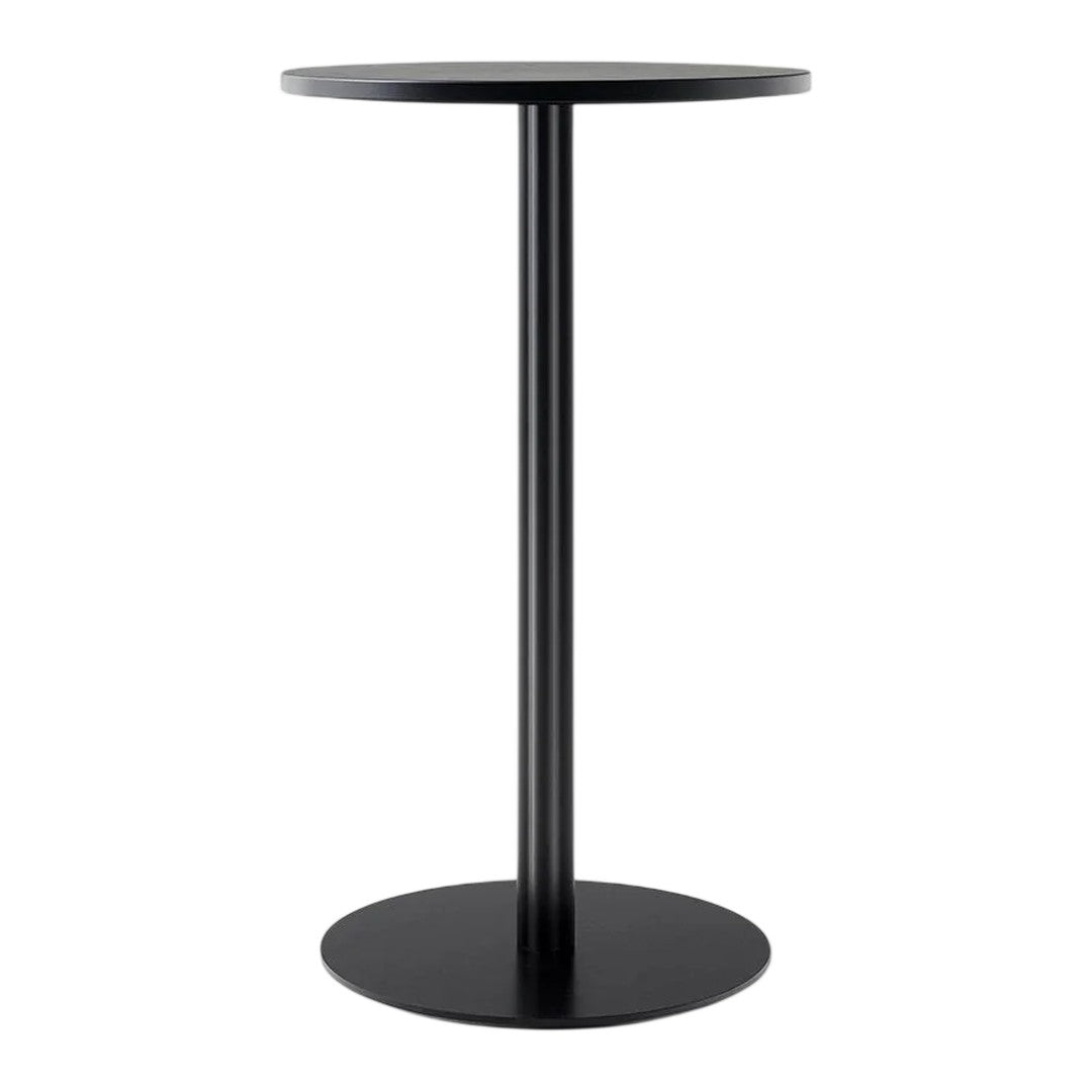 Sleek black round table with a minimalist design, featuring a smooth top and sturdy circular base. Perfect for modern decor.