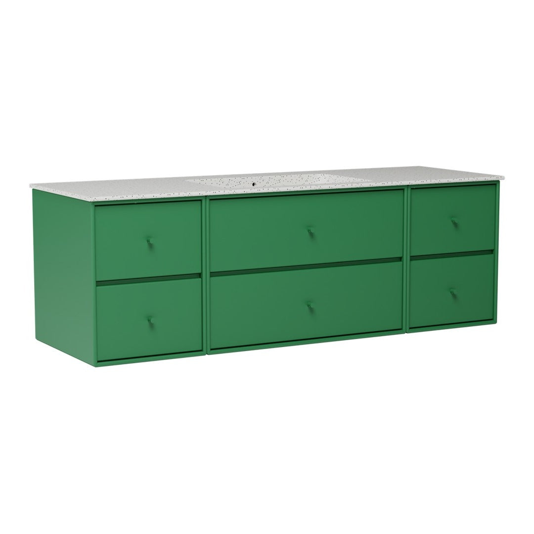 Green storage sideboard with six drawers and a light gray countertop, featuring a smooth, modern finish.