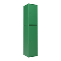 Tall green cabinet with a smooth finish, featuring a simple, modern design and no visible patterns.