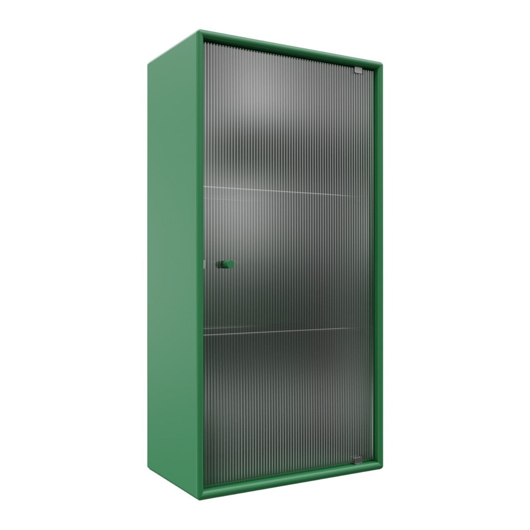 Green storage cabinet with a sleek metallic gray front and minimalist design. Perfect for organizing any space.