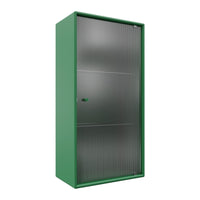 Green storage cabinet with a sleek metallic gray front and minimalist design. Perfect for organizing any space.