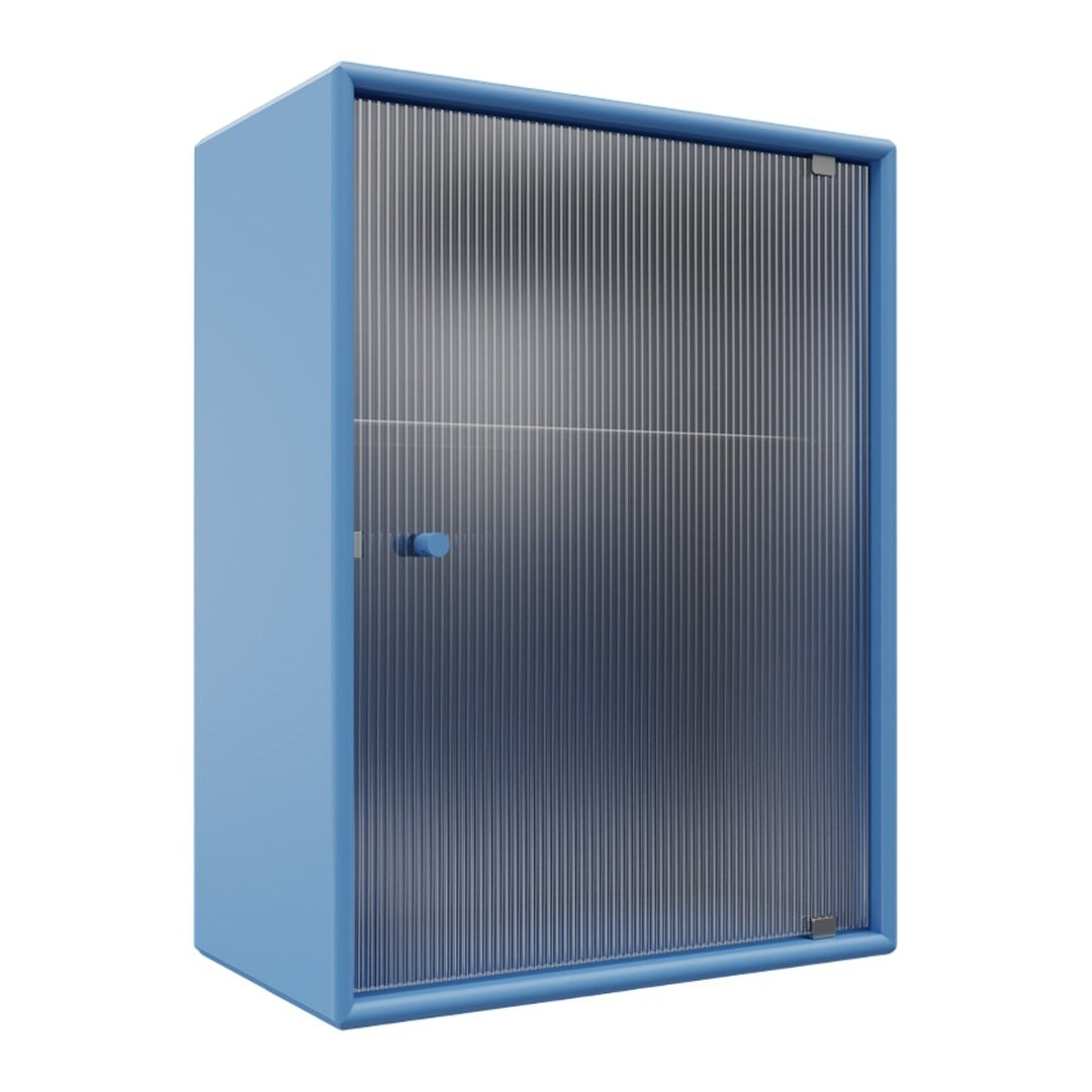 Blue storage cabinet with a textured, ribbed front and solid blue frame. Ideal for modern decor.