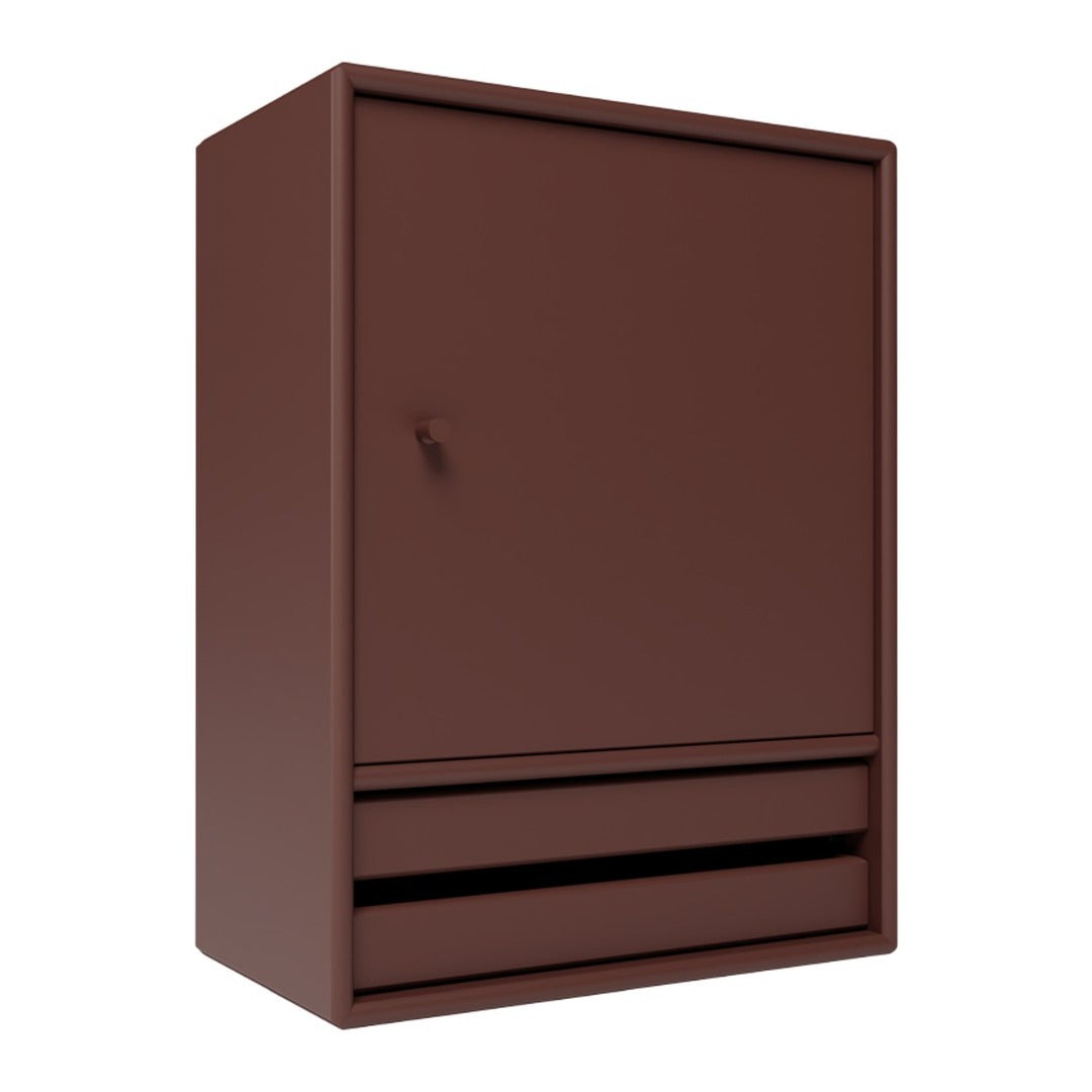 Brown storage cabinet with a sleek, minimalist design and smooth surface, featuring a single door and two drawers.