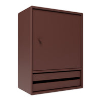Brown storage cabinet with a sleek, minimalist design and smooth surface, featuring a single door and two drawers.