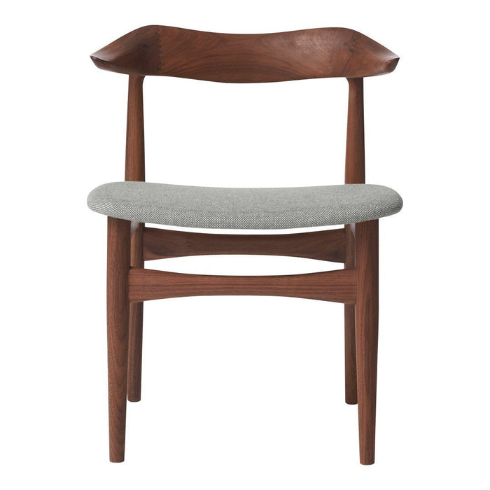 Mid-century modern chair with a rich brown wood frame and light gray upholstered seat. Elegant design with clean lines.