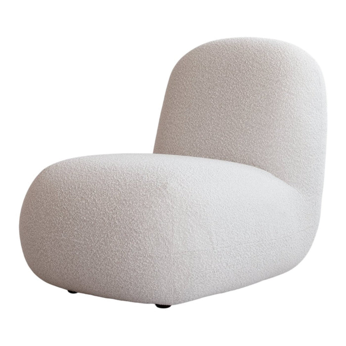 Soft beige lounge chair with a textured, cozy fabric and rounded shape, perfect for modern interiors.