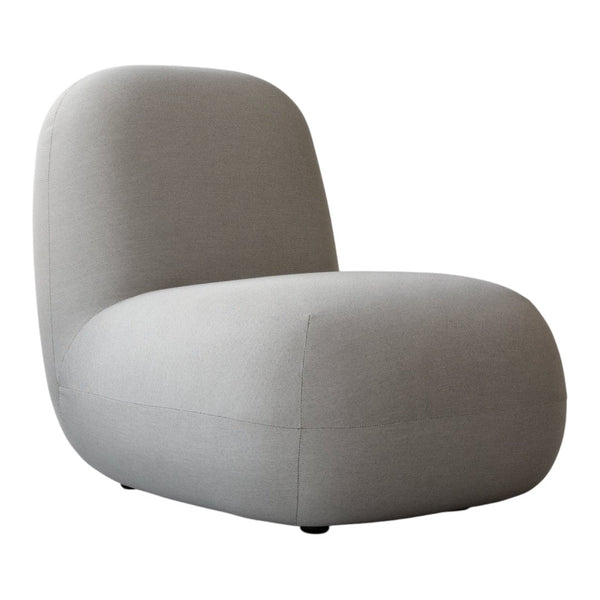 Gray upholstered chair with a sleek, modern design and smooth, rounded edges. Ideal for contemporary interiors.