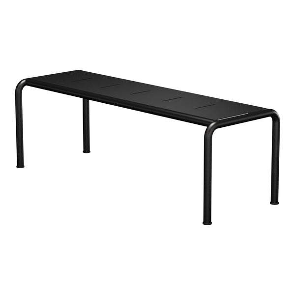 Black, sleek rectangular bench with a smooth top and sturdy metal legs; minimalist design without patterns.