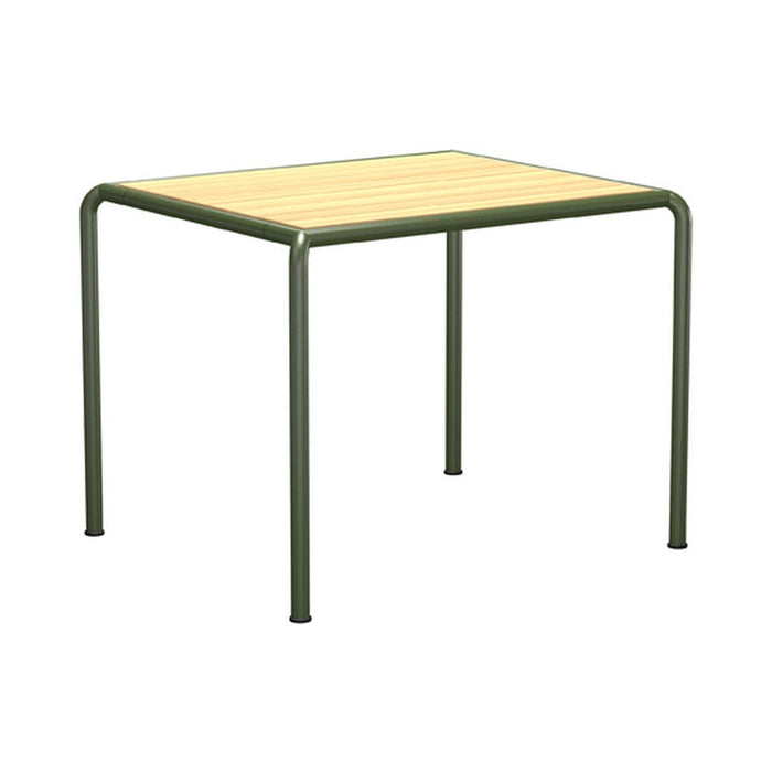 Minimalist square table with a light wood top and green metal frame. Ideal for modern indoor or outdoor settings.