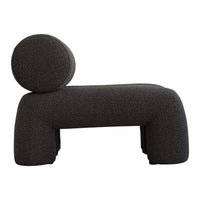 Stylish gray upholstered chair with minimalist design and textured fabric, featuring a rounded backrest.