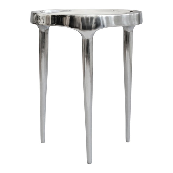 Sleek silver metal stool with smooth surface and shiny finish, featuring elegant, modern design and tapered legs.