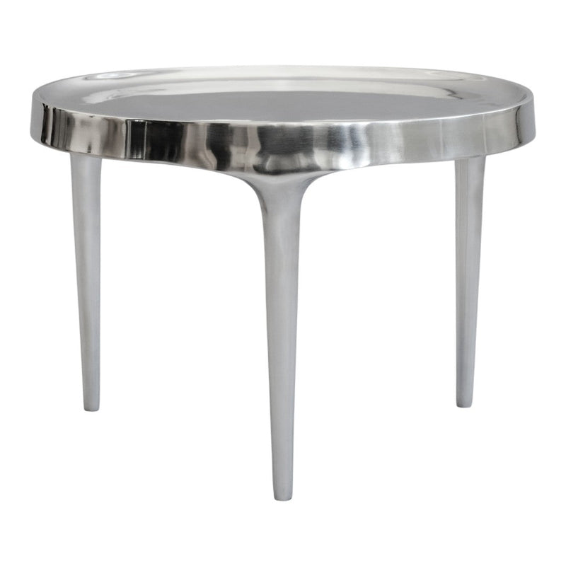 Stylish round side table in sleek silver finish with a polished surface and smooth contours. Perfect for modern decor.