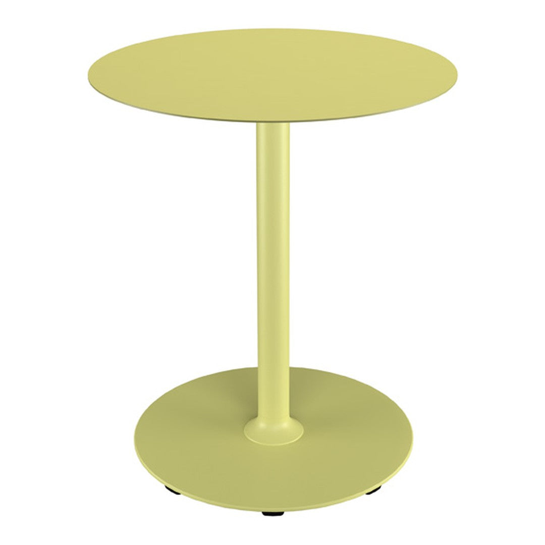 Round, lemon yellow table with a sleek design and simple circular base, perfect for modern spaces.