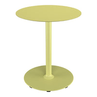 Round, lemon yellow table with a sleek design and simple circular base, perfect for modern spaces.