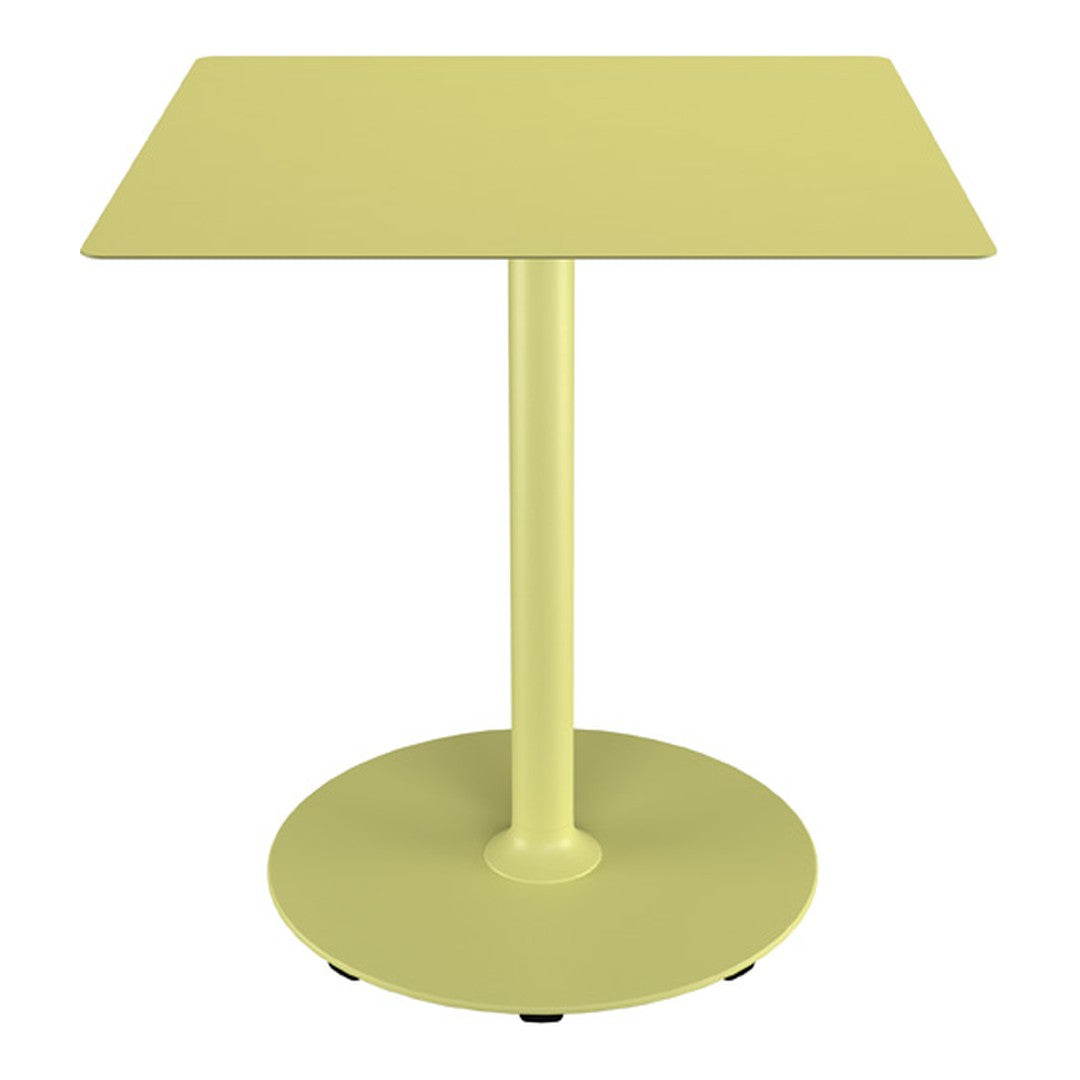 Yellow square table with a simple design and matching round base. Ideal for modern decor.