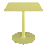 Yellow square table with a simple design and matching round base. Ideal for modern decor.
