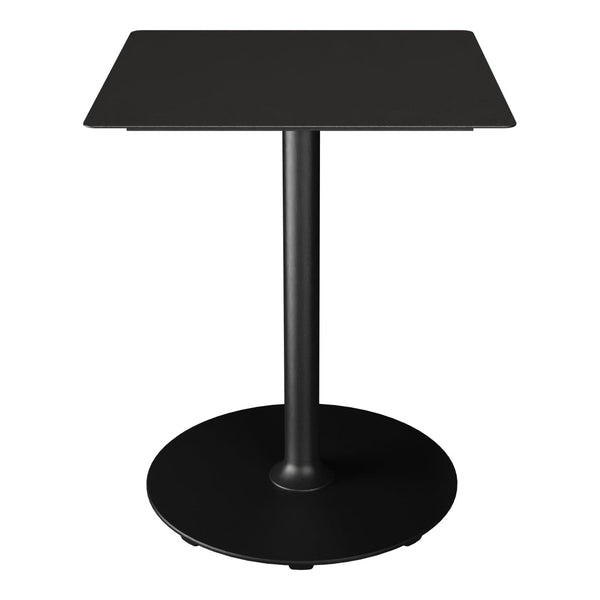 Sleek black square table with a round base, featuring a smooth matte finish and minimalist design.