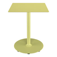 Stylish square side table in vibrant yellow with a smooth finish, featuring a circular base and sleek design.