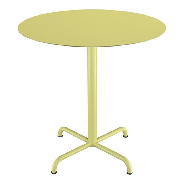 Round yellow table with a smooth finish and minimalist design, perfect for modern decor.