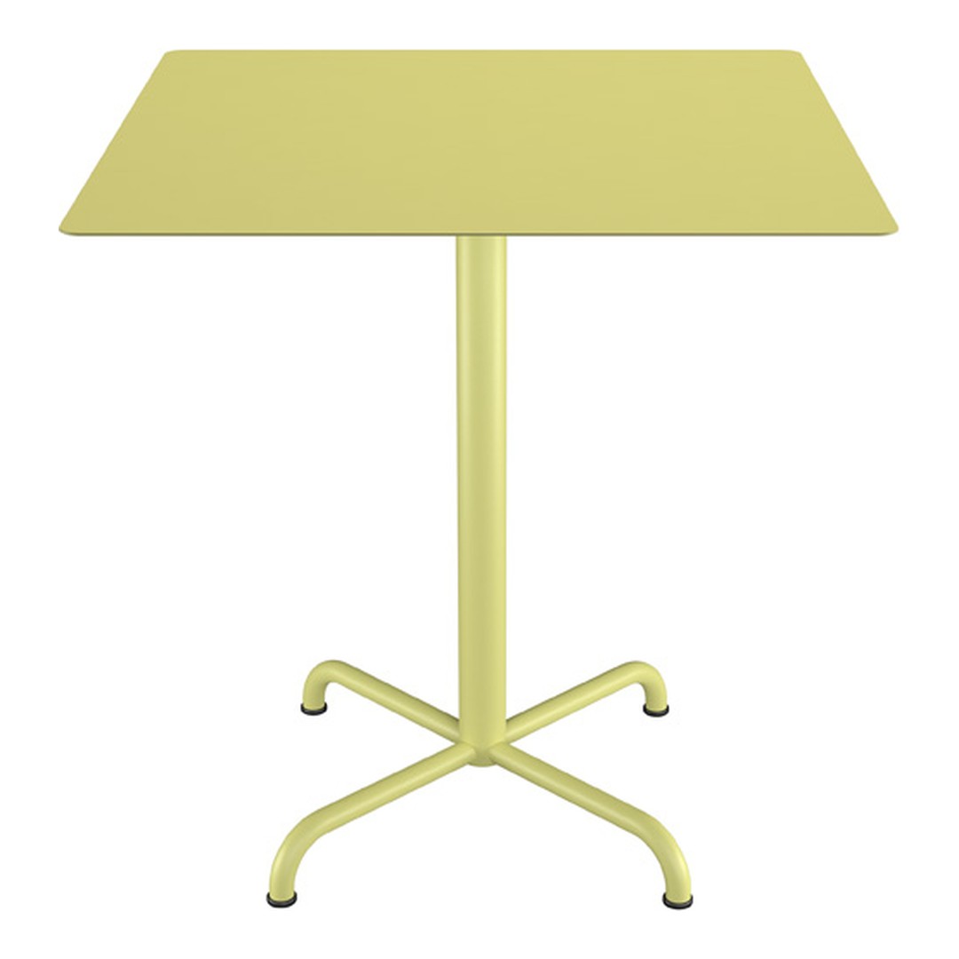 Yellow rectangular table with a minimalist design and sturdy cross base. Perfect for indoor or outdoor use.