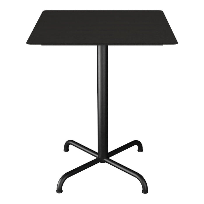 Black square table with a sleek design and sturdy black metal base, perfect for modern spaces.