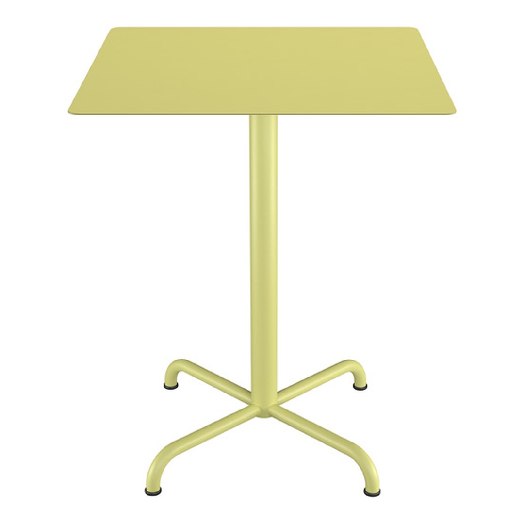 Light yellow rectangular table with a minimalist design and a sturdy cross-base. Ideal for modern decor.