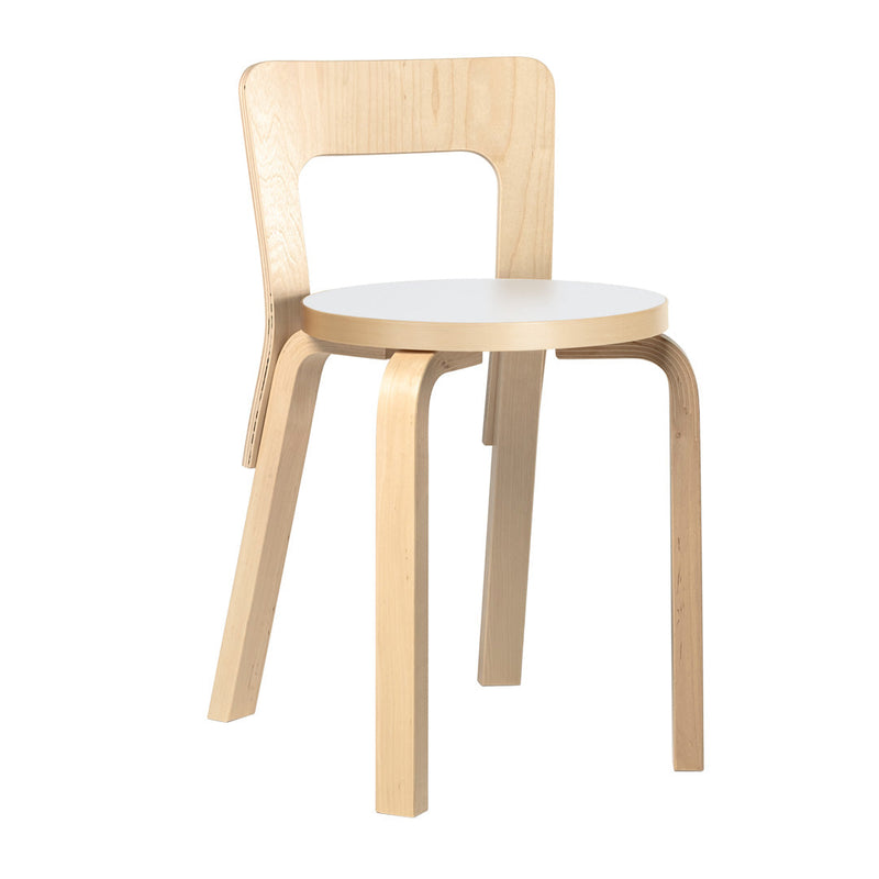 Natural wood chair with a light wood finish and a white round seat, featuring a minimalist design.