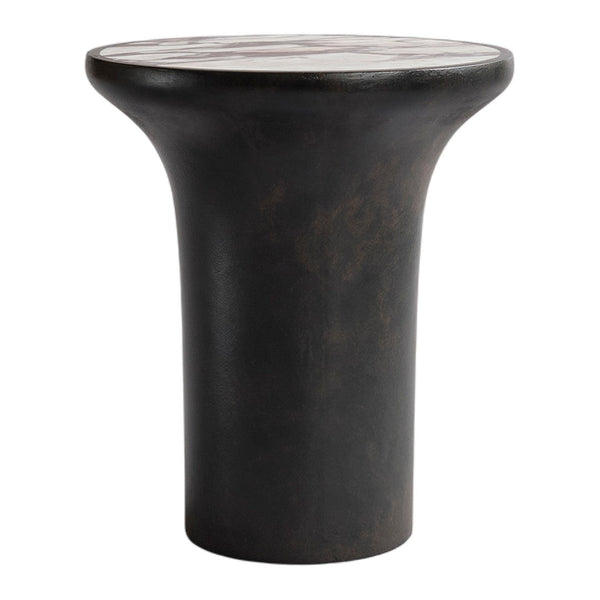 Black pedestal table with a glossy, marbled top featuring warm earthy tones and intricate patterns.