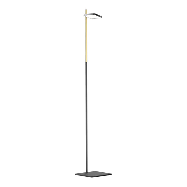Sleek black and gold floor lamp with a minimalist design and smooth surfaces, ideal for modern decor.